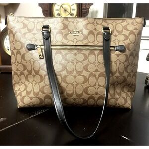 Coach Gallery Tote F79609 Brown Black Signature Canvas Shoulder Bag